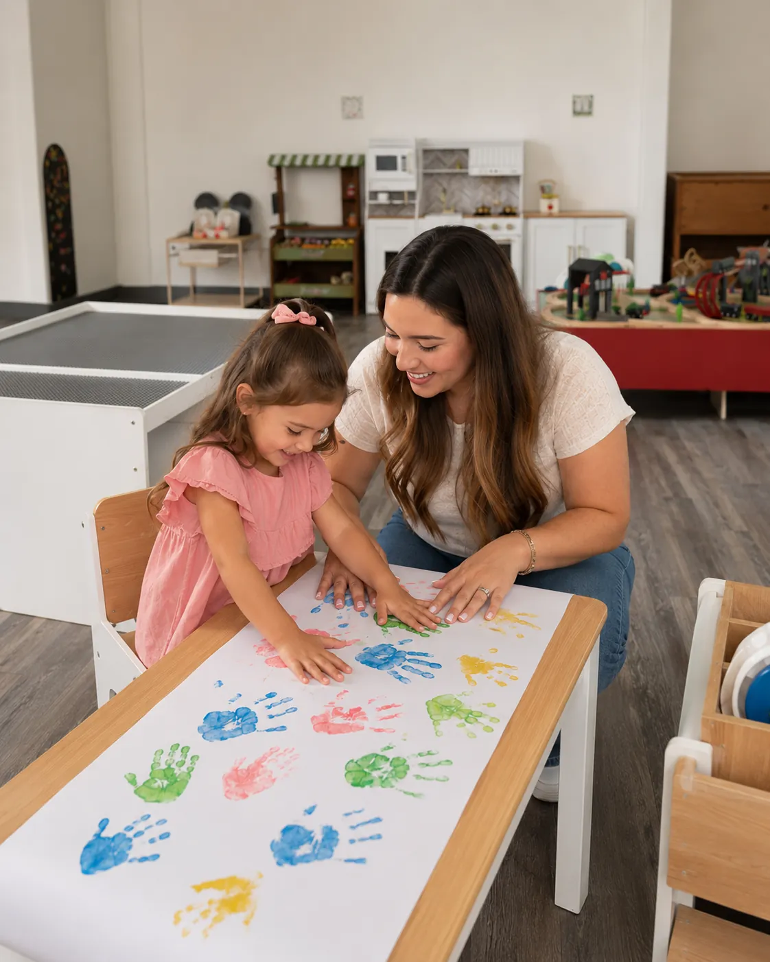 A mother and her daughter making colorful handprints together on a paper roll at Fun Together