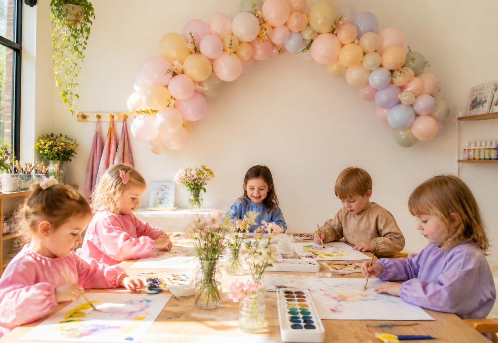 Birthday celebration in the Fun Together studio with kids and parents around a decorated table