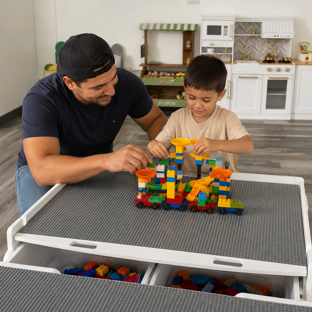 A father and son building a marble run out of bricks at the Fun Together build table